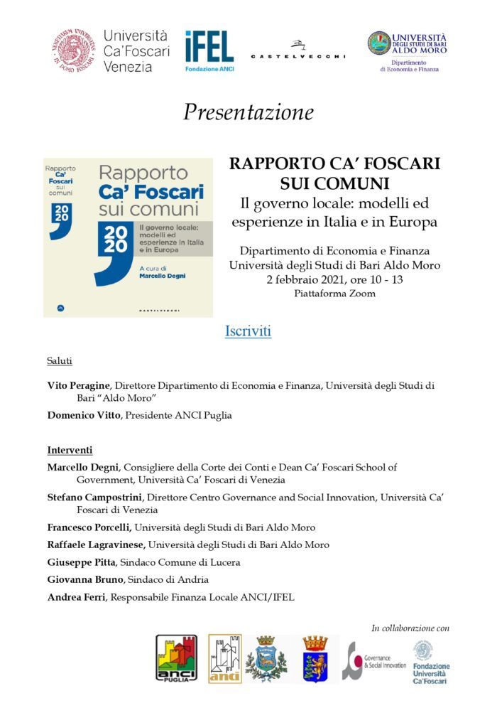 Finanza locale: Presentazione Rapporto Ca' Foscari sui Comuni. Martedì 2 febbraio evento on line dell'Università degli studi di Bari.