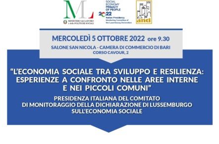 Welfare Aree interne e Piccoli comuni: Il 5 ottobre a Bari convegno “Economia sociale tra sviluppo e resilienza” 