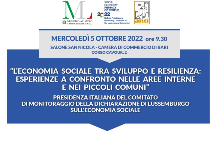 Welfare Aree interne e Piccoli comuni: Il 5 ottobre a Bari convegno “Economia sociale tra sviluppo e resilienza” 
