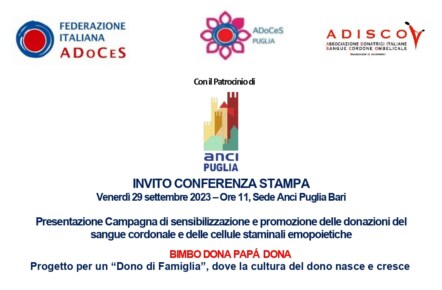 Donazione cellule staminali e sangue cordonale: 29 settembre a Bari Adoces, Adisco e Anci Puglia presentano progetto 