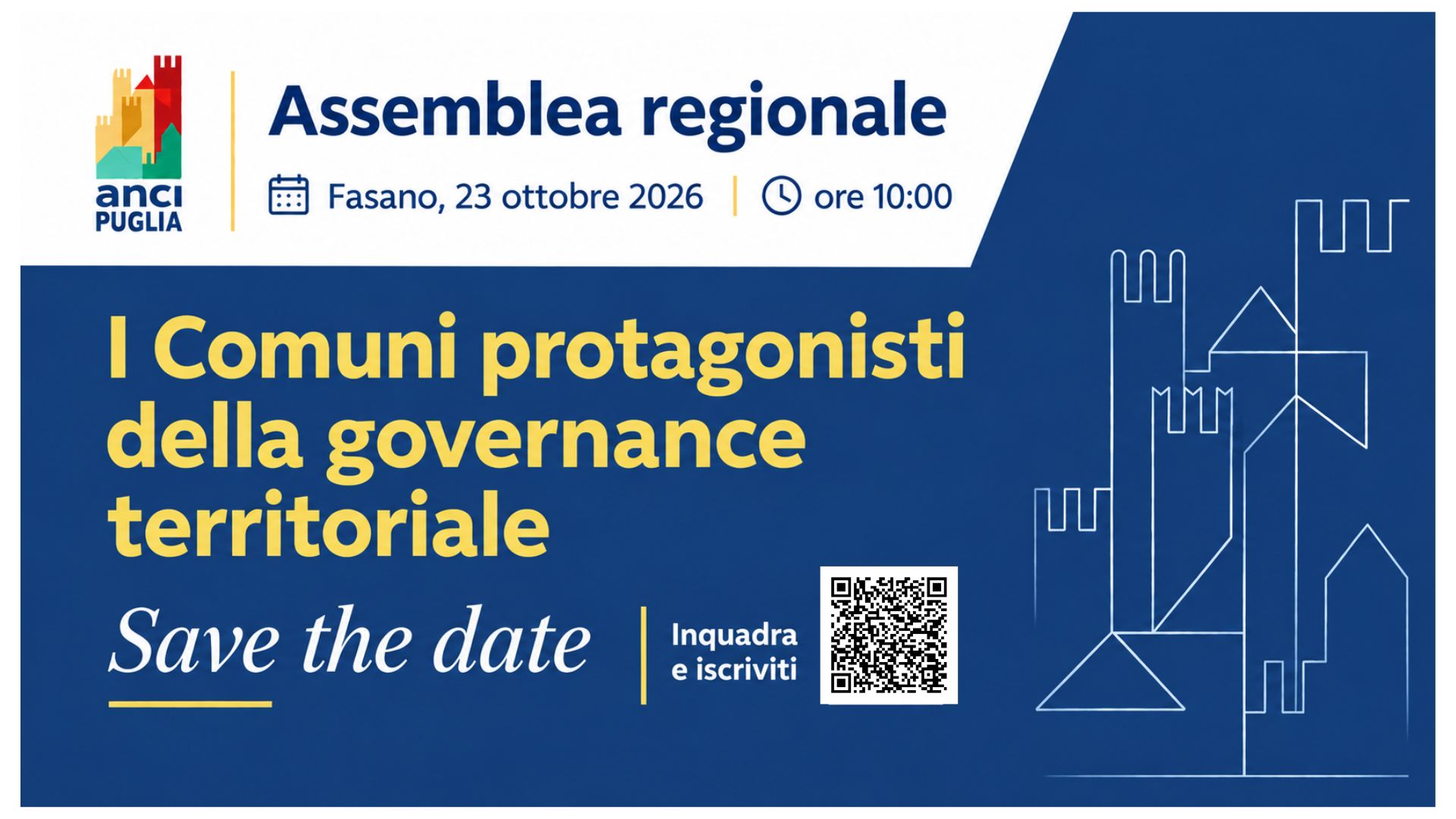 Immagine di copertina: I Comuni protagonisti della governance territoriale – Assemblea Regionale ANCI Puglia 2026 | Fasano, 23 ottobre
