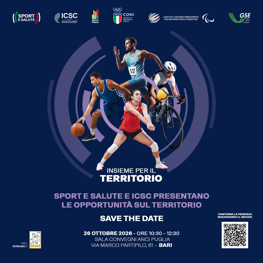 Immagine di copertina: Sport: “Insieme per il Territorio”: il 26 ottobre a Bari le opportunità per lo sport e lo sviluppo locale
